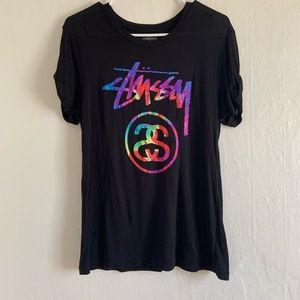 Stussy Black T-Shirt with Vibrant Rainbow Logo